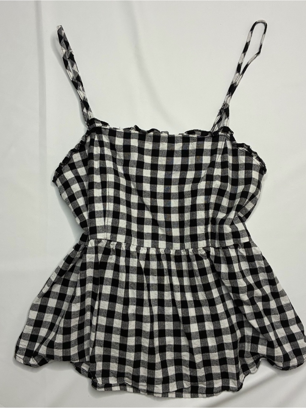 Black & White Gingham Spaghetti Strap Ruffled Peplum Top